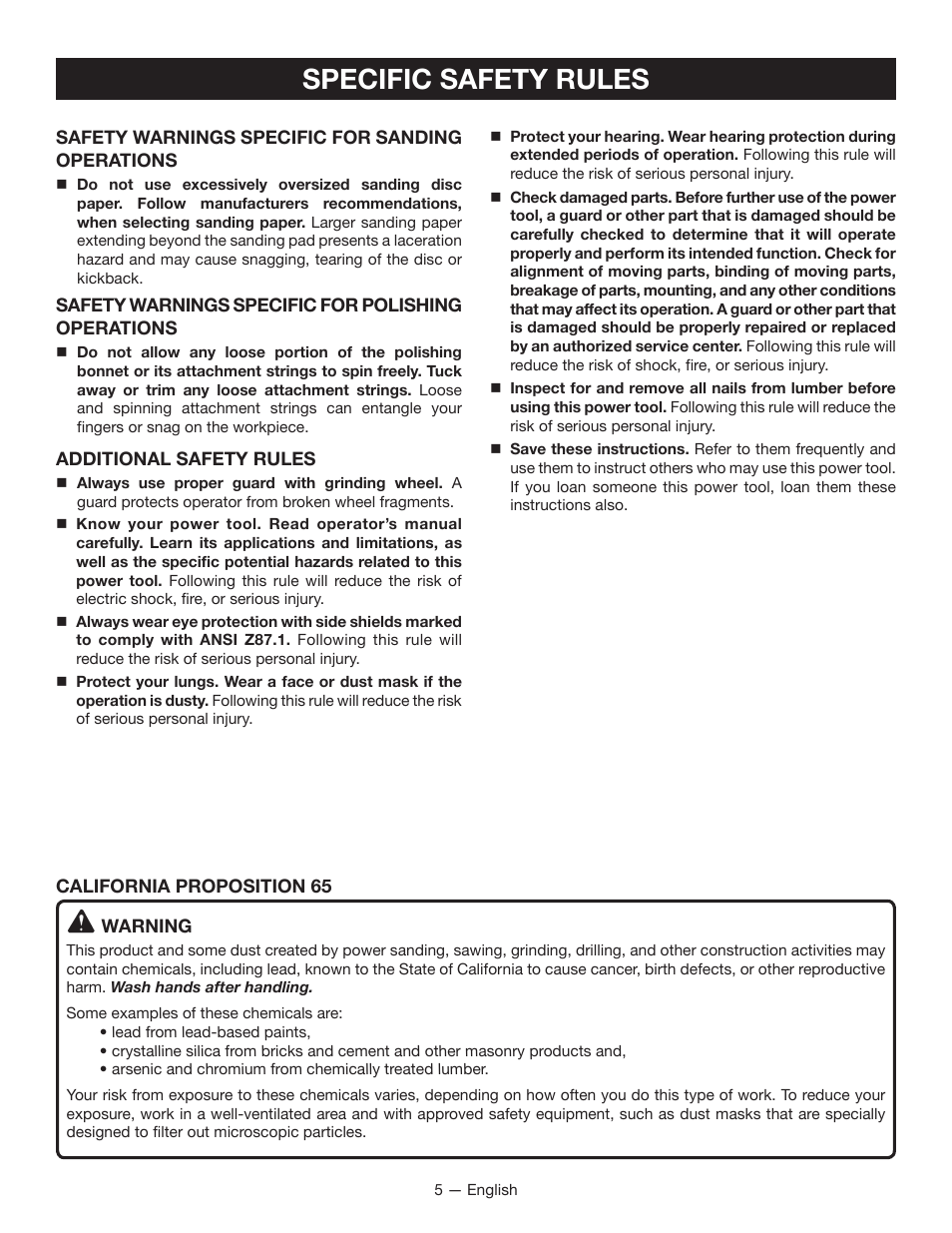 Specific safety rules | Ryobi P421 User Manual | Page 5 / 32