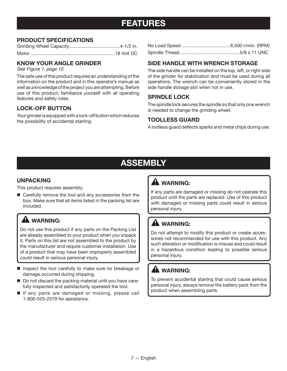 Features, Assembly | Ryobi P421 User Manual | Page 7 / 32