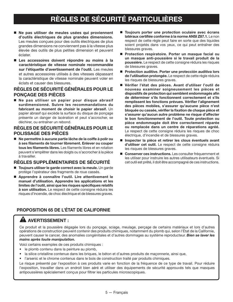 Règles de sécurité particulières, Règles supplémentaires de sécurité, Avertissement | Proposition 65 de l’état de californie | Ryobi P422 User Manual | Page 14 / 32
