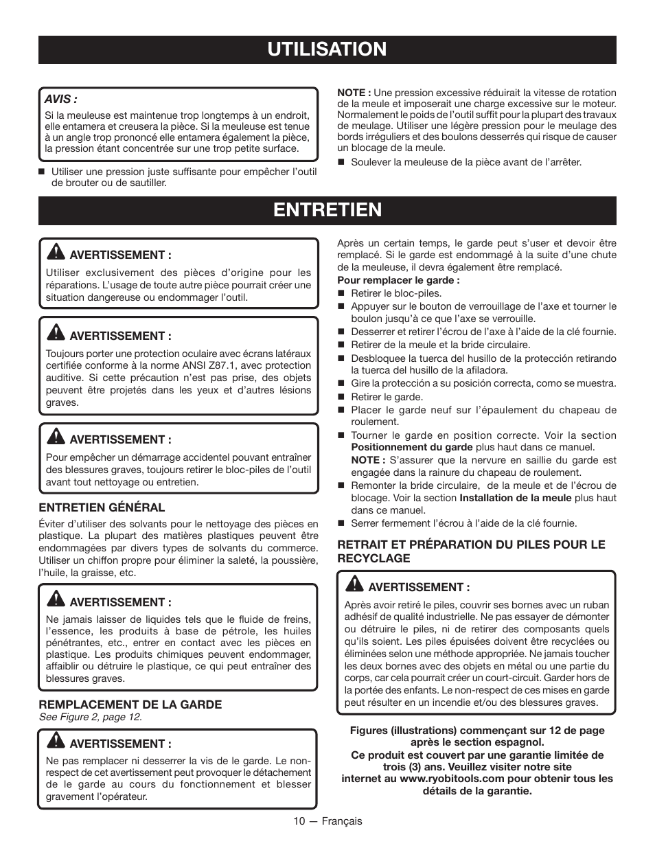Utilisation, Entretien | Ryobi P422 User Manual | Page 19 / 32