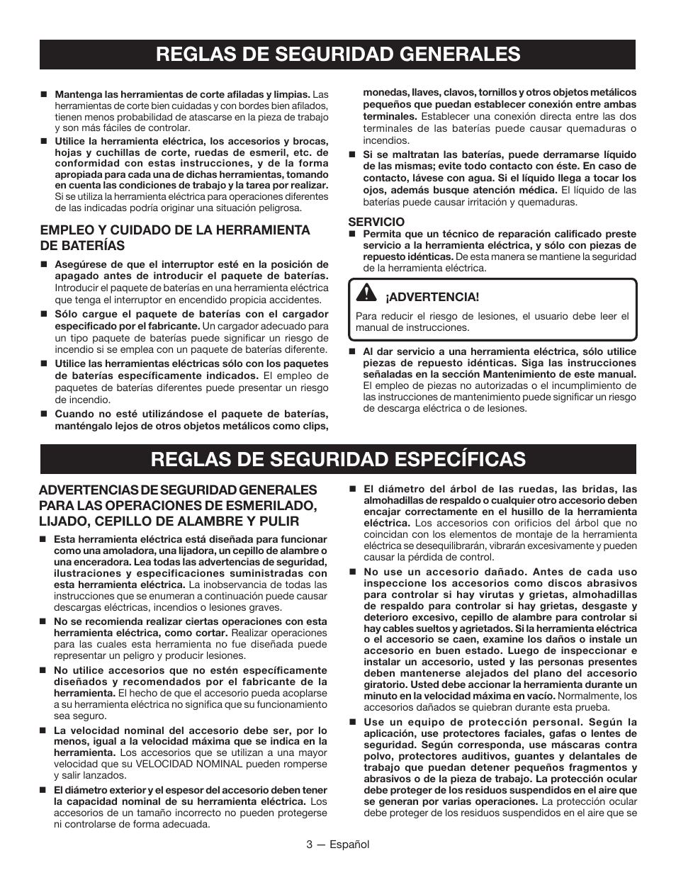 Reglas de seguridad generales, Reglas de seguridad específicas, Empleo y cuidado de la herramienta de baterías | Ryobi P422 User Manual | Page 21 / 32