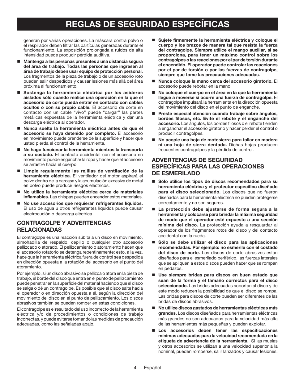 Reglas de seguridad específicas, Contragolpe y advertencias relacionadas | Ryobi P422 User Manual | Page 22 / 32