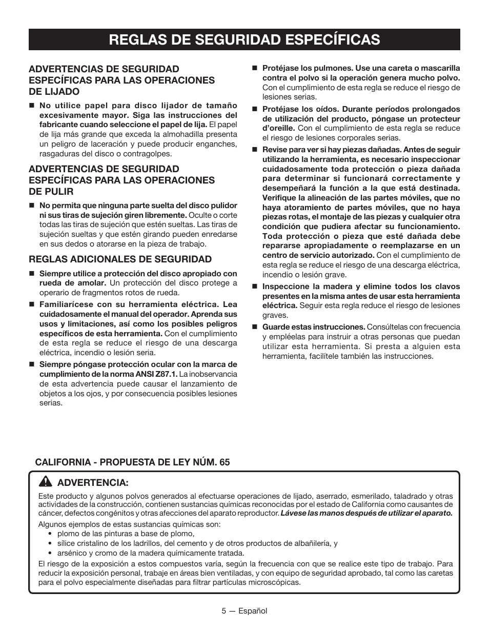 Reglas de seguridad específicas | Ryobi P422 User Manual | Page 23 / 32
