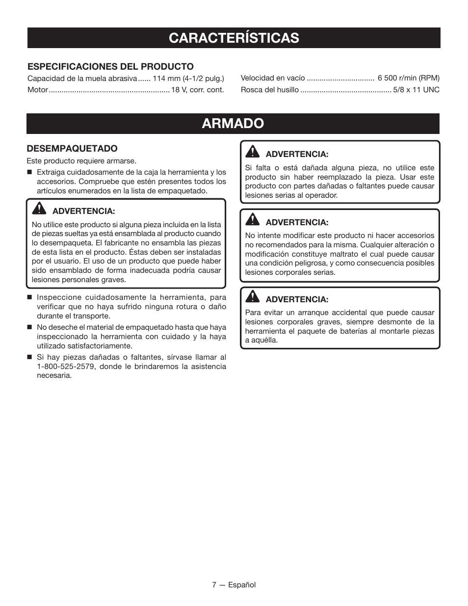 Características, Armado | Ryobi P422 User Manual | Page 25 / 32