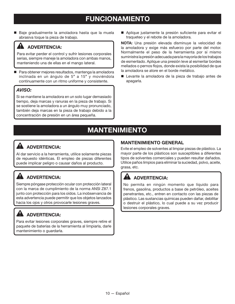 Funcionamiento mantenimiento | Ryobi P422 User Manual | Page 28 / 32
