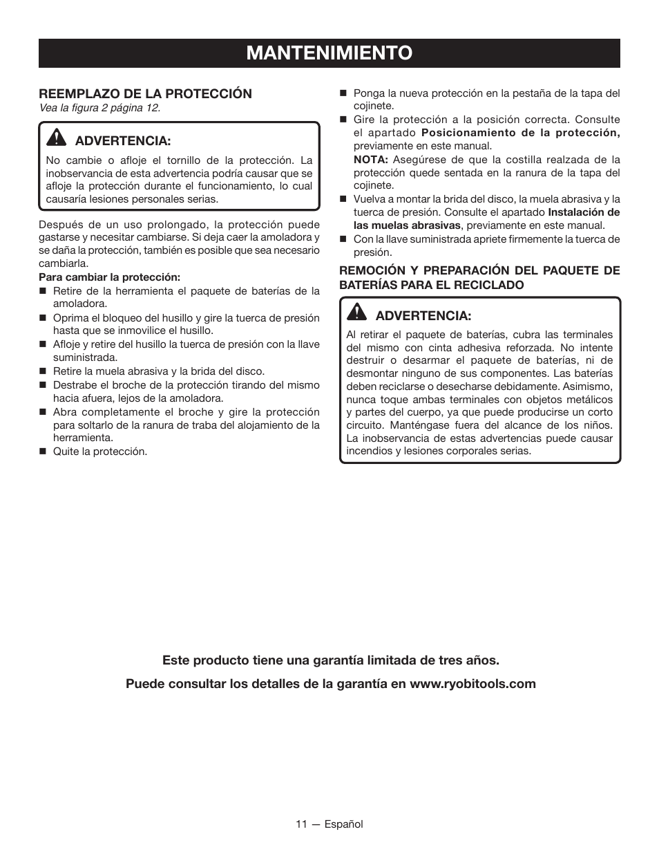 Mantenimiento | Ryobi P422 User Manual | Page 29 / 32