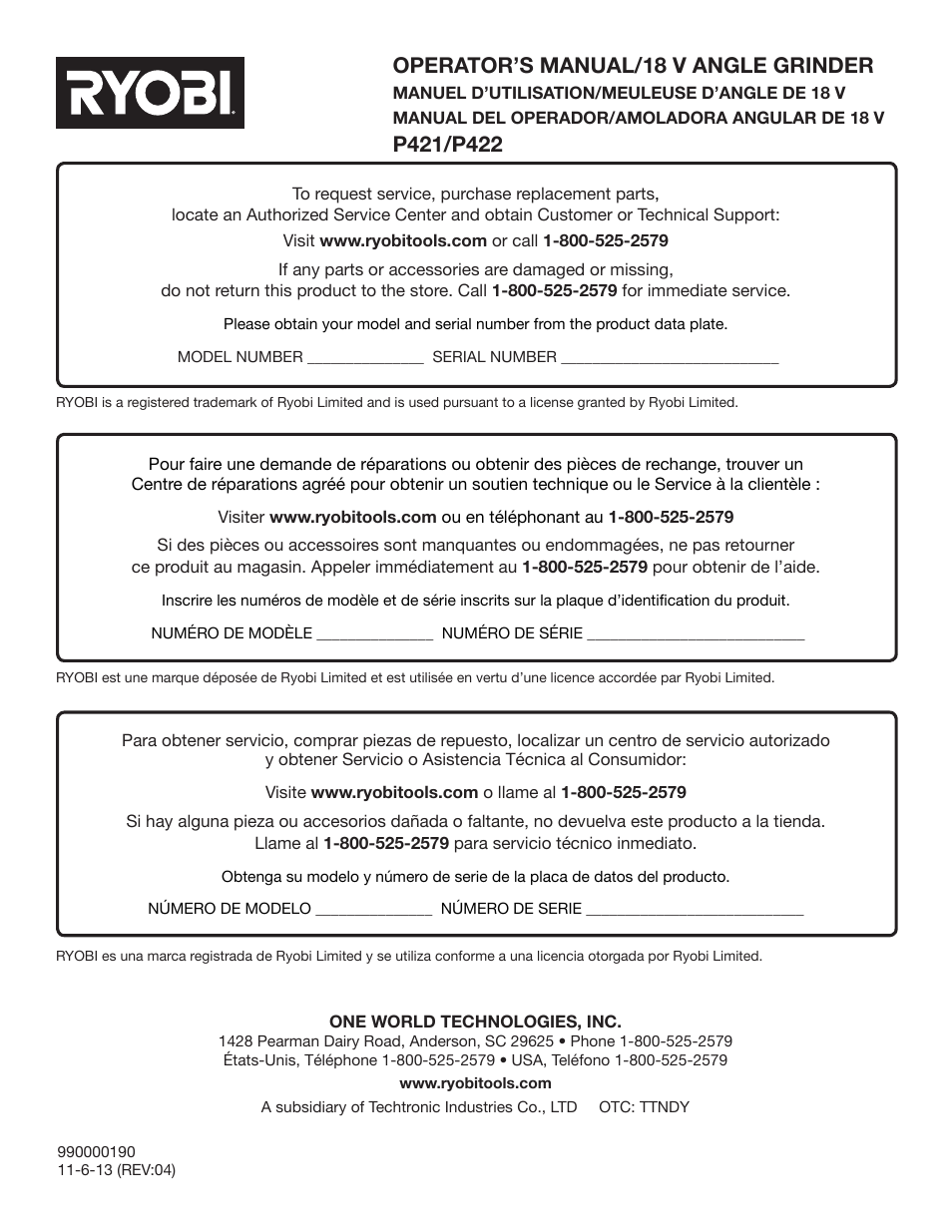Operator’s manual/18 v angle grinder | Ryobi P422 User Manual | Page 32 / 32