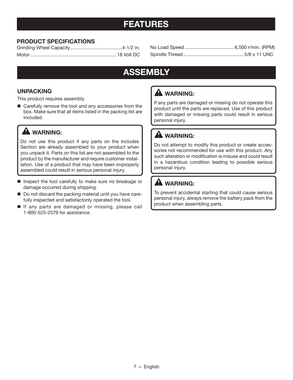 Features, Assembly | Ryobi P422 User Manual | Page 7 / 32