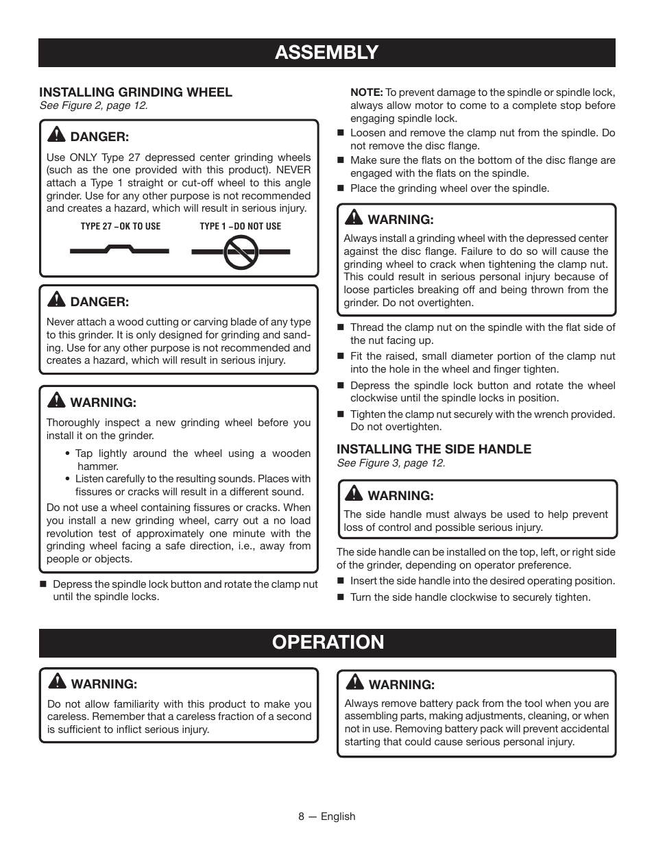 Assembly, Operation | Ryobi P422 User Manual | Page 8 / 32