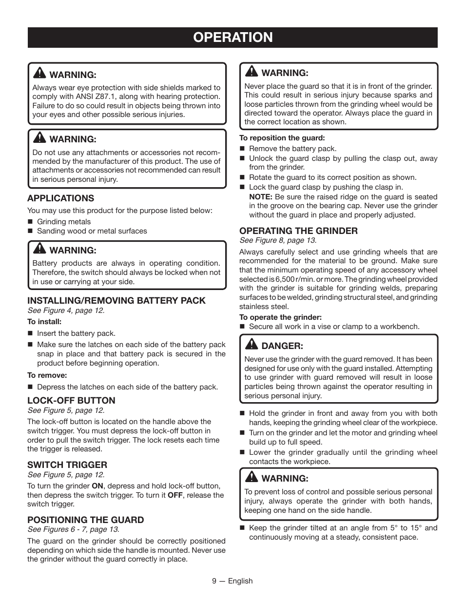 Operation | Ryobi P422 User Manual | Page 9 / 32