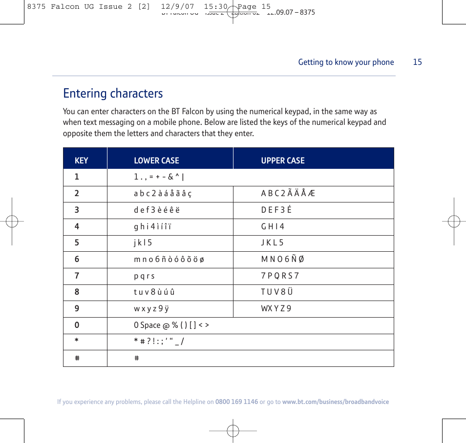 Entering characters | BT FALCON 8375 User Manual | Page 15 / 44