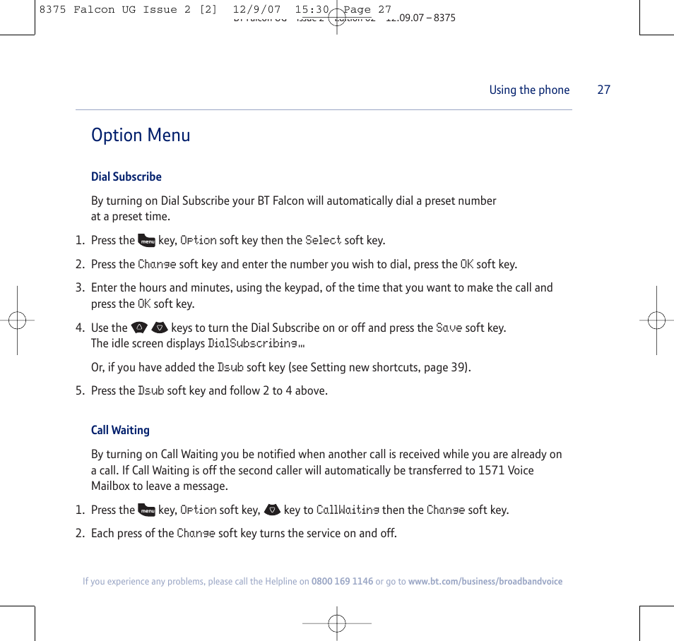 Option menu | BT FALCON 8375 User Manual | Page 27 / 44