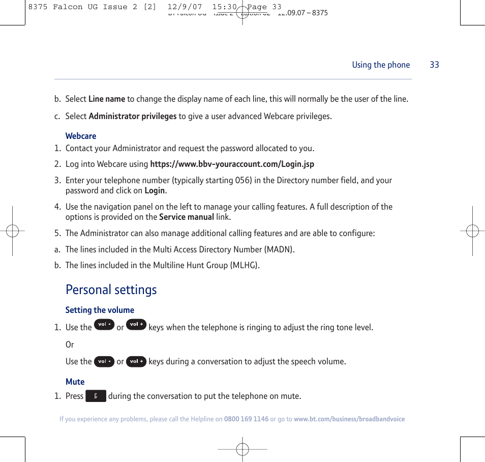 Personal settings | BT FALCON 8375 User Manual | Page 33 / 44