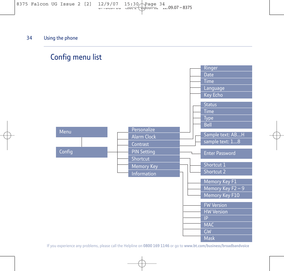 Config menu list | BT FALCON 8375 User Manual | Page 34 / 44