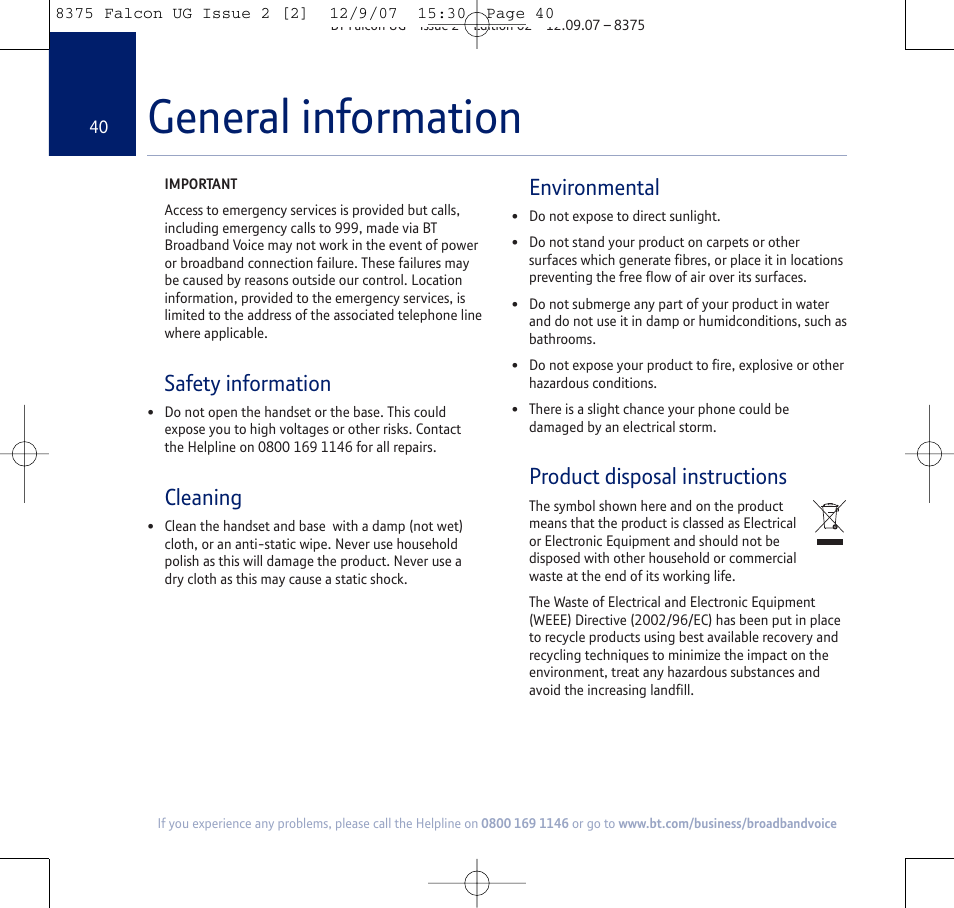 General information, Safety information, Cleaning | Environmental, Product disposal instructions | BT FALCON 8375 User Manual | Page 40 / 44