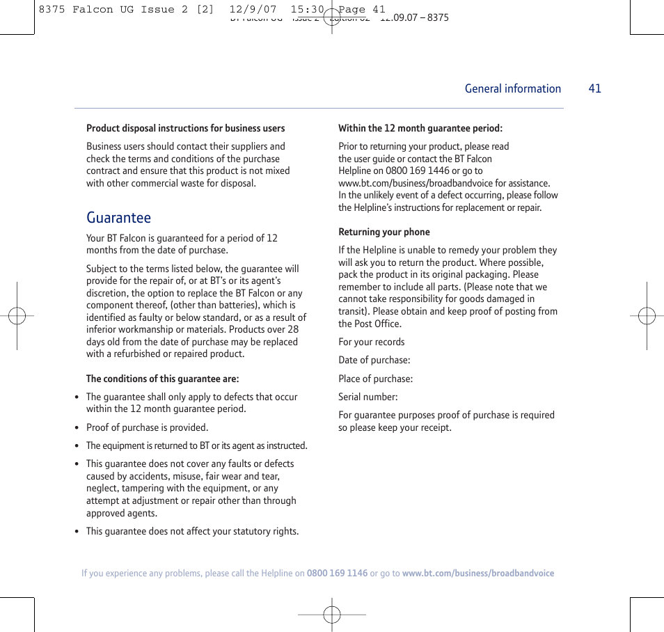 Guarantee | BT FALCON 8375 User Manual | Page 41 / 44