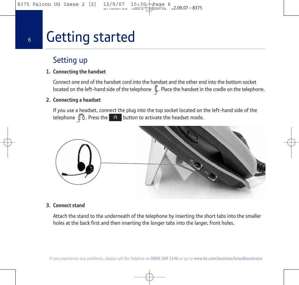 Getting started, Setting up | BT FALCON 8375 User Manual | Page 6 / 44