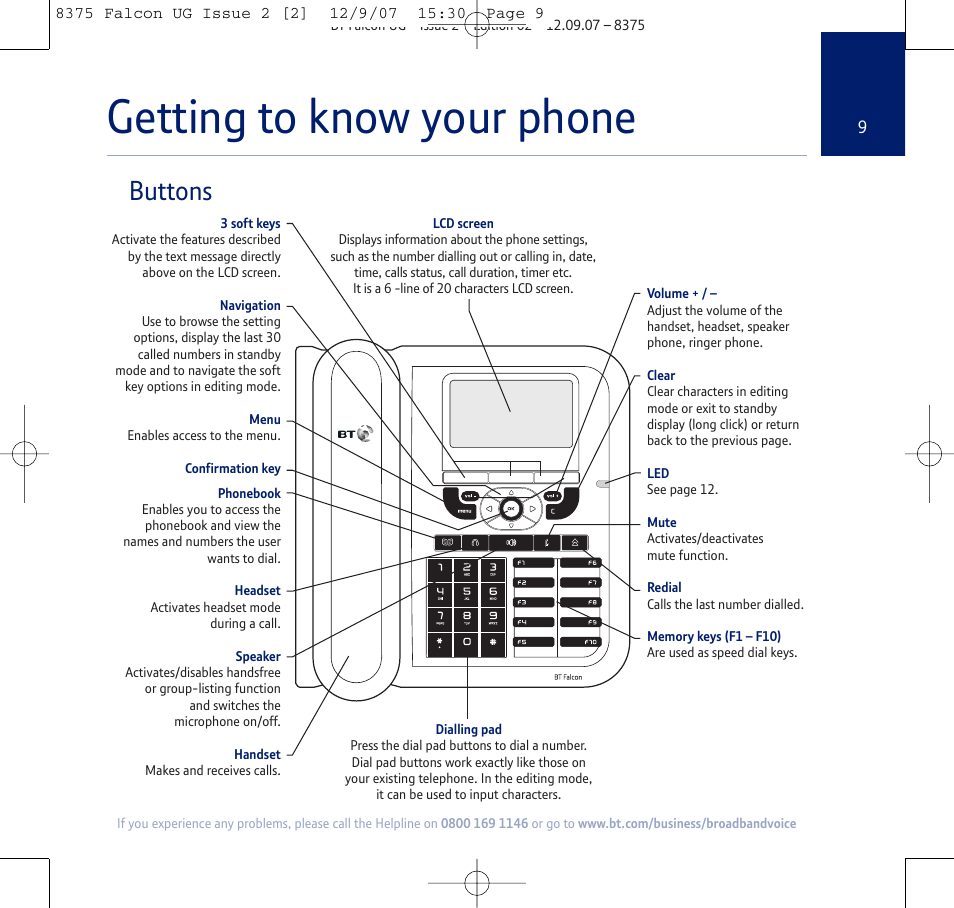 Getting to know your phone, Buttons | BT FALCON 8375 User Manual | Page 9 / 44