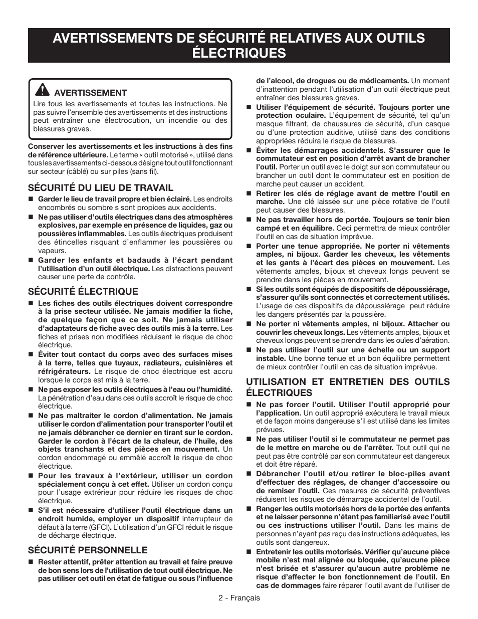 Sécurité du lieu de travail, Sécurité électrique, Sécurité personnelle | Utilisation et entretien des outils électriques | Ryobi AG4031G User Manual | Page 12 / 36