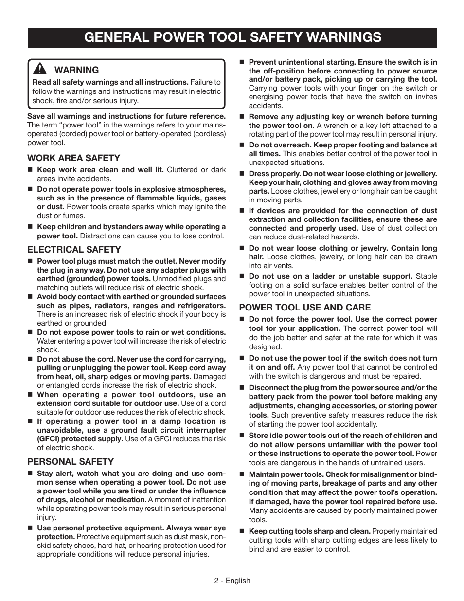 General power tool safety warnings | Ryobi AG4031G User Manual | Page 2 / 36