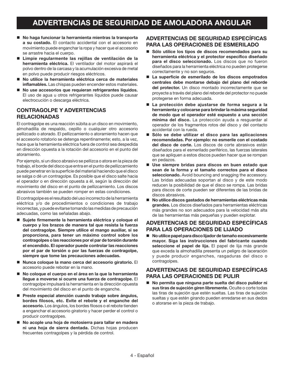 Advertencias de seguridad amaladora angular, Advertencias de seguridad de amoladora angular | Ryobi AG4031G User Manual | Page 24 / 36