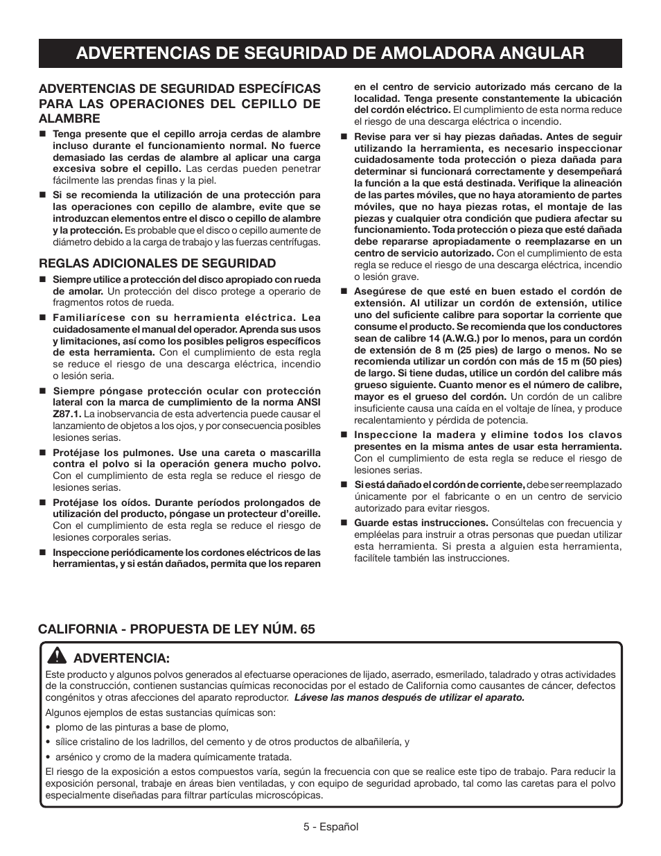 Advertencias de seguridad de amoladora angular, California - propuesta de ley núm. 65 advertencia | Ryobi AG4031G User Manual | Page 25 / 36