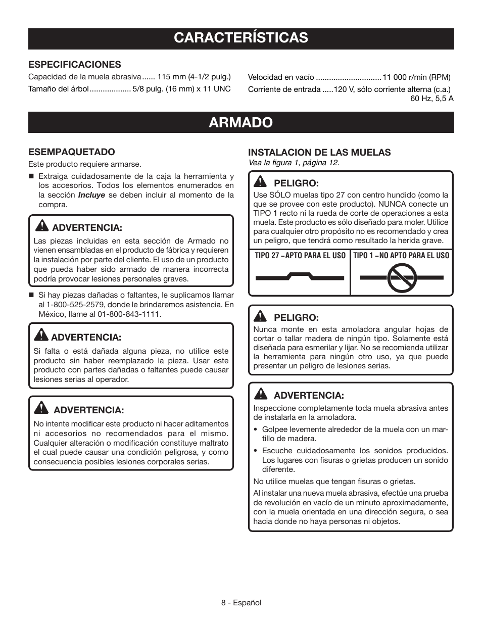 Características, Armado | Ryobi AG4031G User Manual | Page 28 / 36