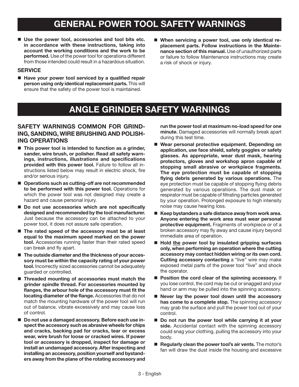 Angle grinder safety warnings, General power tool safety warnings | Ryobi AG4031G User Manual | Page 3 / 36