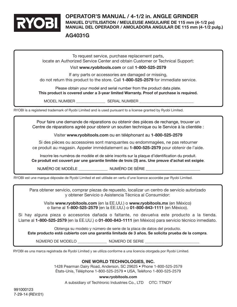 Operator’s manual / 4-1/2 in. angle grinder, Ag4031g | Ryobi AG4031G User Manual | Page 36 / 36
