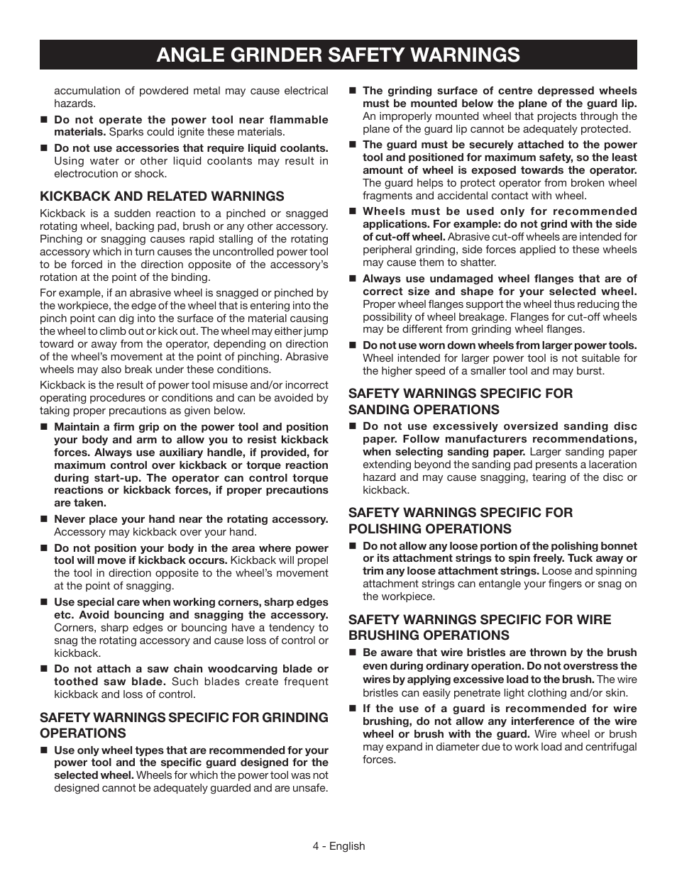 Angle grinder safety warnings | Ryobi AG4031G User Manual | Page 4 / 36