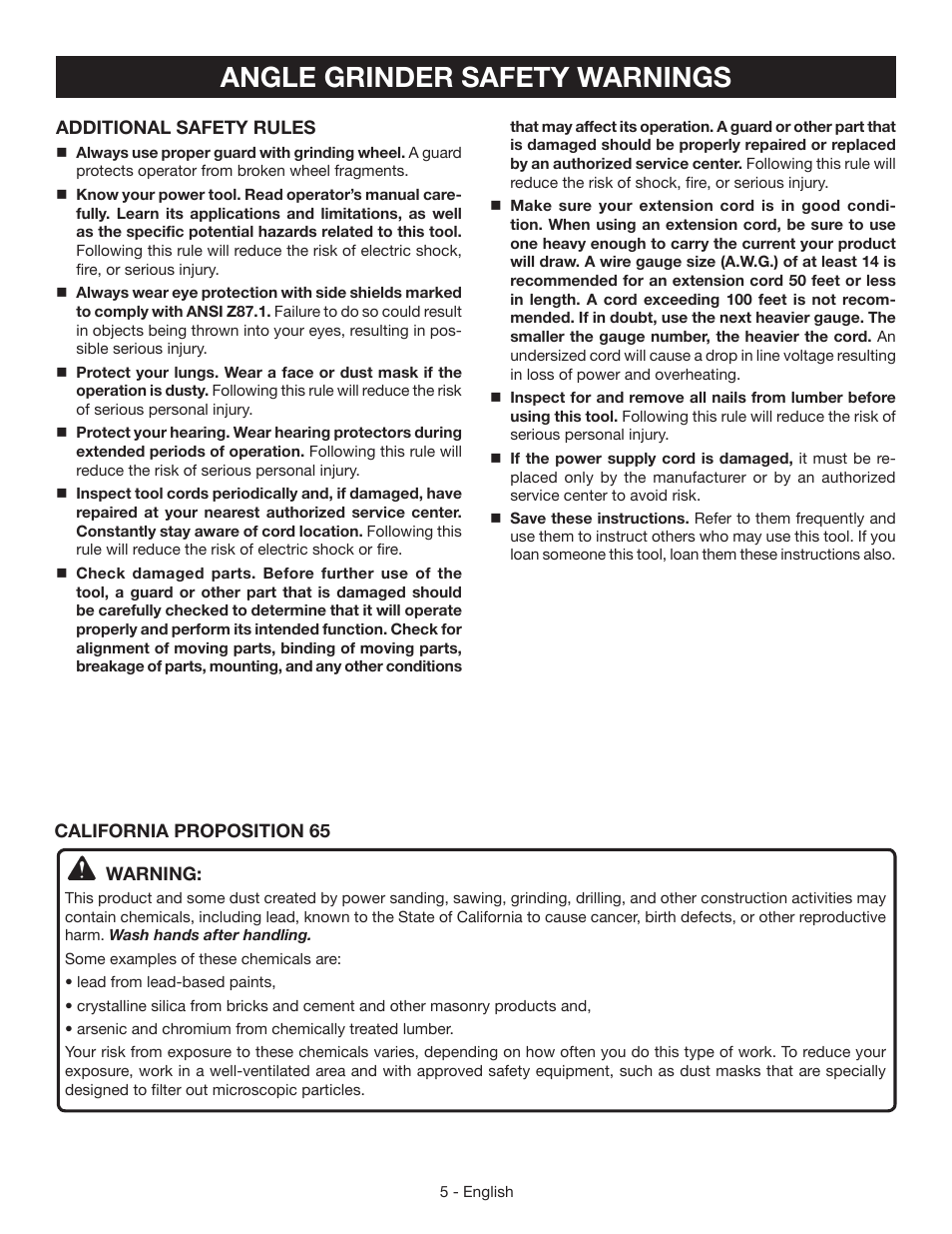 Angle grinder safety warnings | Ryobi AG4031G User Manual | Page 5 / 36
