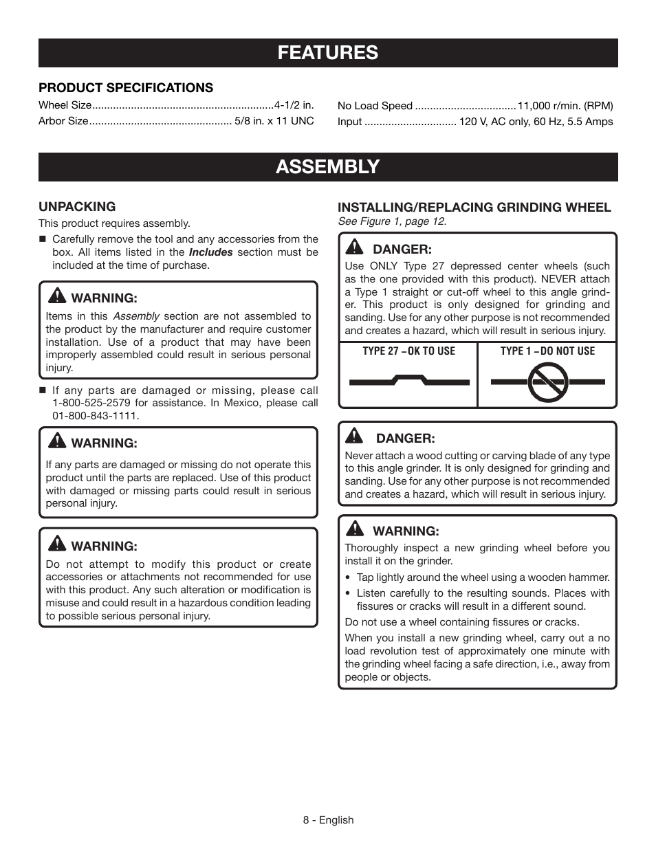 Features, Assembly | Ryobi AG4031G User Manual | Page 8 / 36
