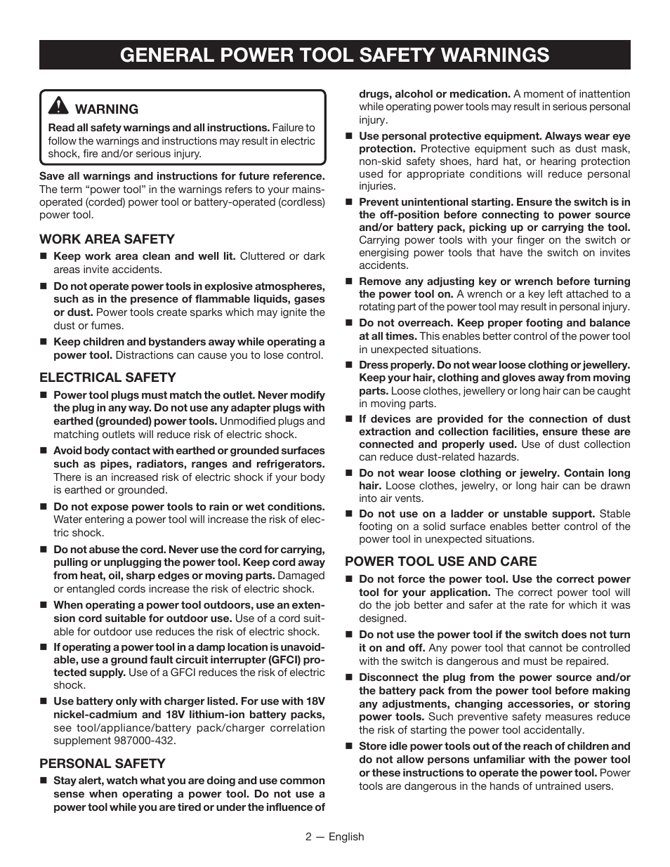 General power tool safety warnings | Ryobi P4221 User Manual | Page 2 / 32