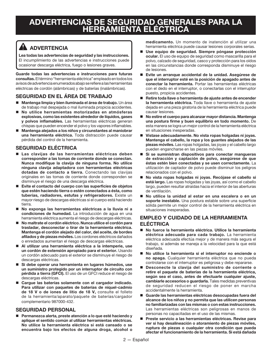 Advertencia | Ryobi P4221 User Manual | Page 20 / 32