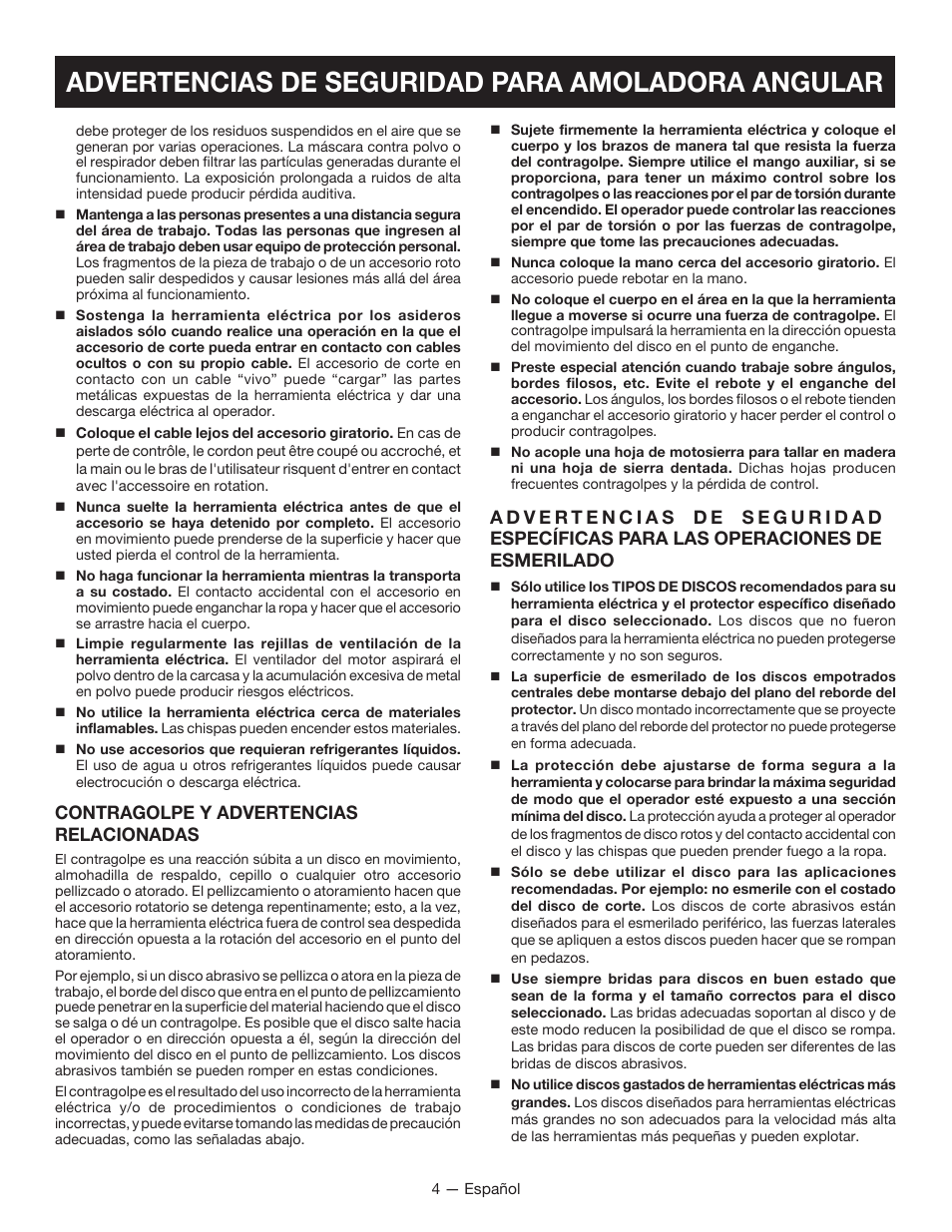 Advertencias de seguridad para amoladora angular, Contragolpe y advertencias relacionadas | Ryobi P4221 User Manual | Page 22 / 32
