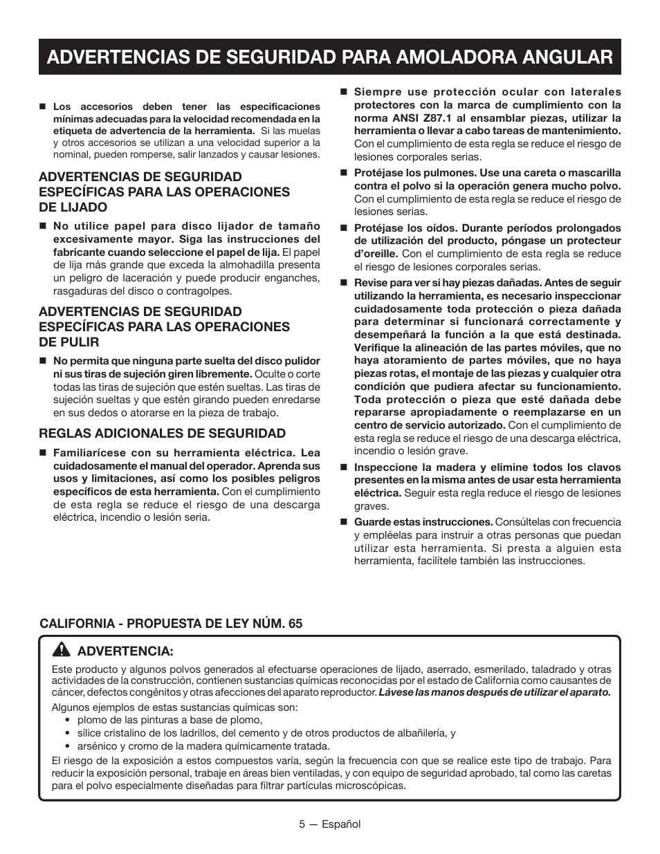 Advertencias de seguridad para amoladora angular | Ryobi P4221 User Manual | Page 23 / 32