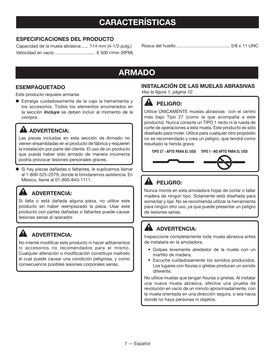 Características, Armado | Ryobi P4221 User Manual | Page 25 / 32