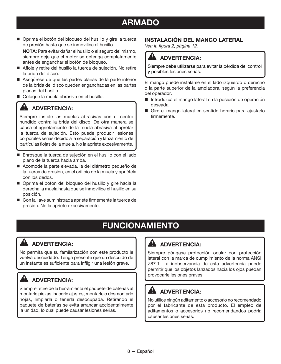 Armado, Funcionamiento | Ryobi P4221 User Manual | Page 26 / 32