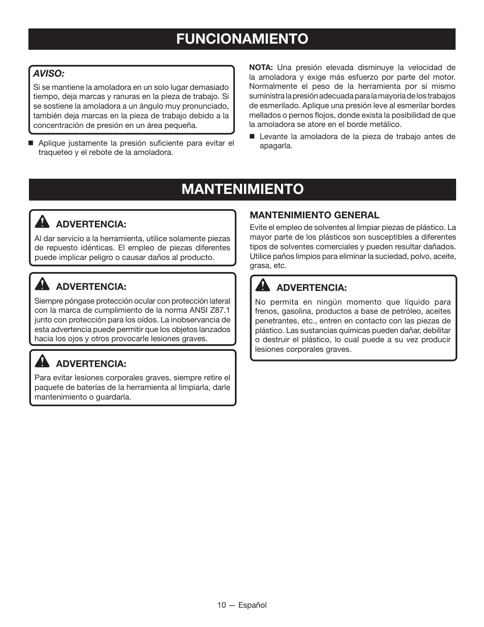 Funcionamiento mantenimiento | Ryobi P4221 User Manual | Page 28 / 32