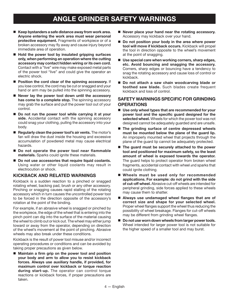 Angle grinder safety warnings | Ryobi P4221 User Manual | Page 4 / 32