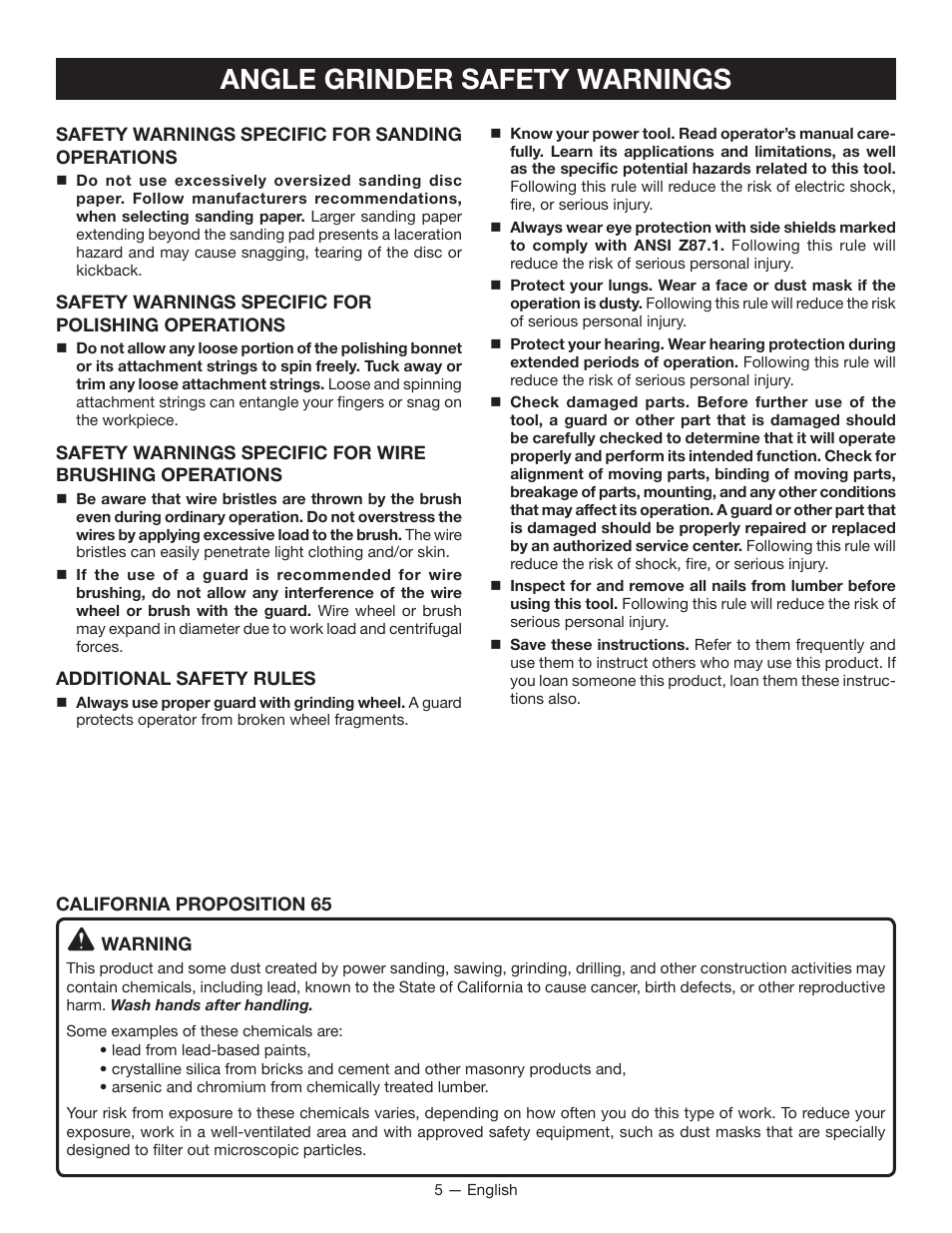 Angle grinder safety warnings | Ryobi P4221 User Manual | Page 5 / 32