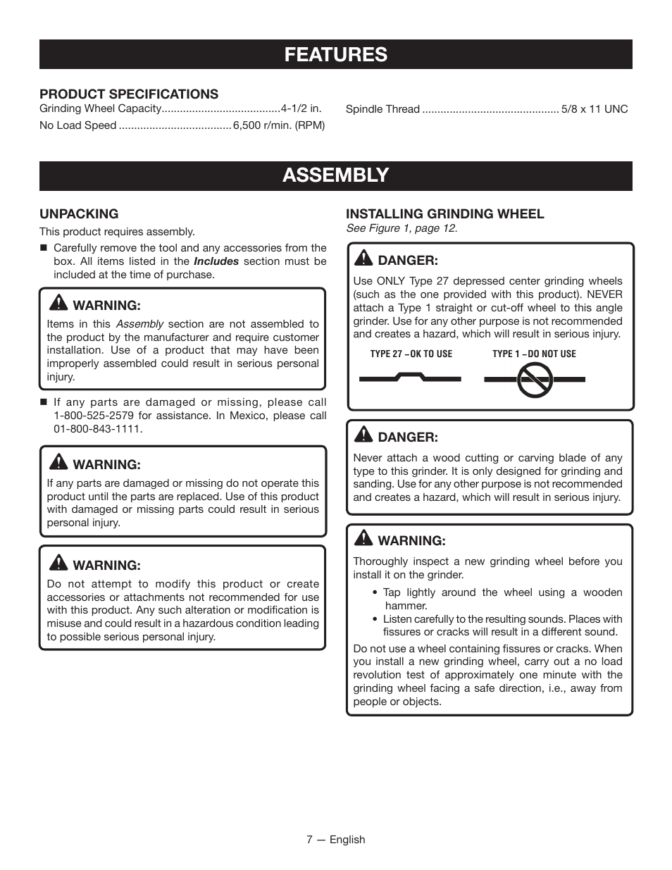 Features, Assembly | Ryobi P4221 User Manual | Page 7 / 32