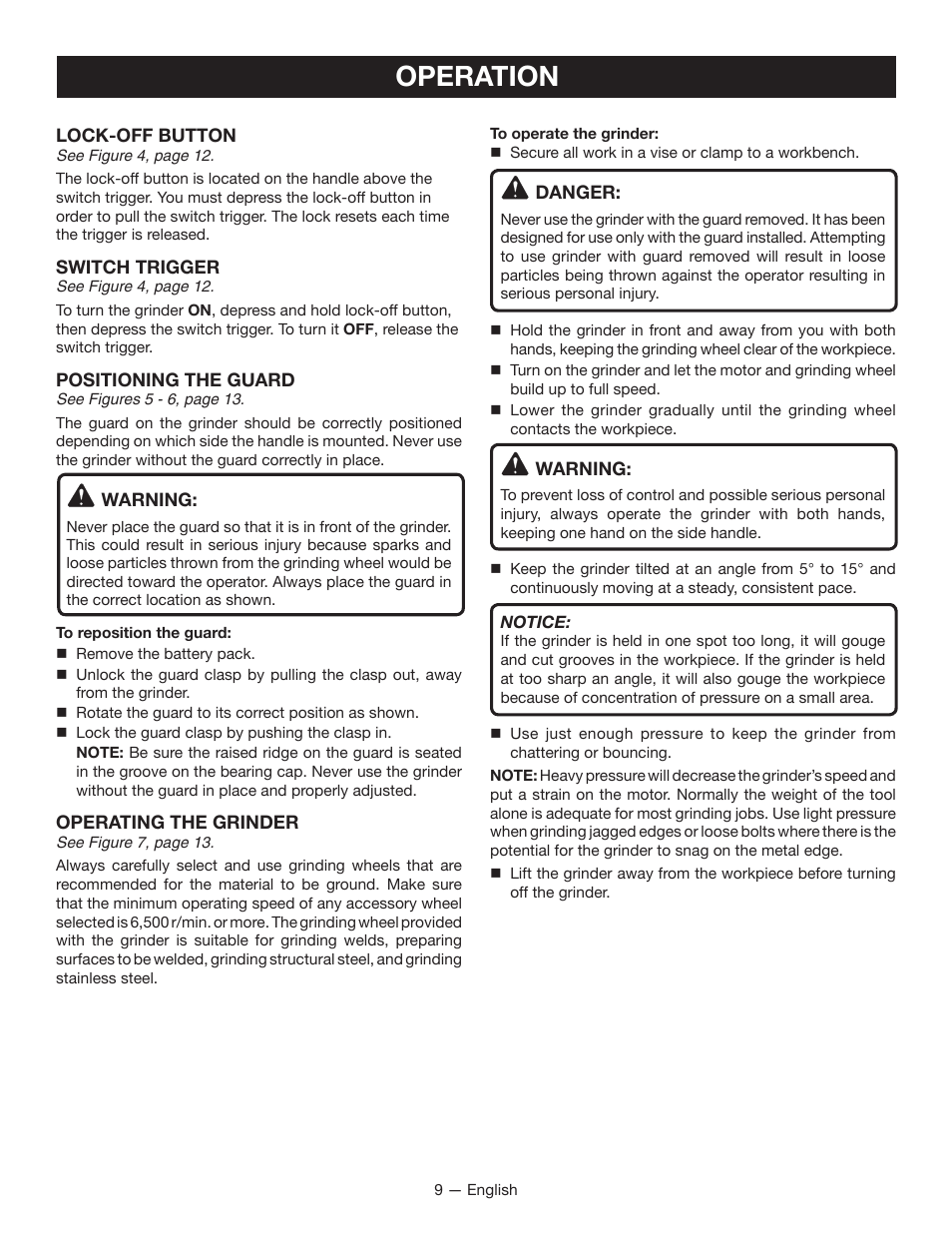 Operation | Ryobi P4221 User Manual | Page 9 / 32