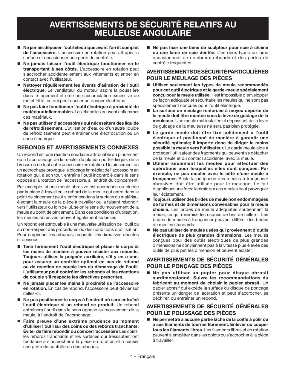 Rebonds et avertissements connexes | Ryobi AG4531G User Manual | Page 14 / 36
