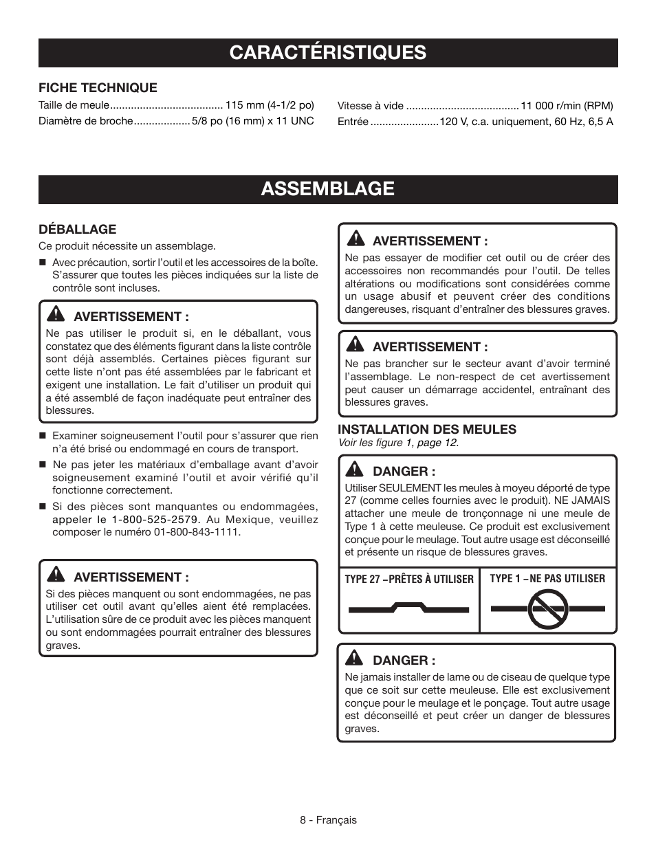 Caractéristiques, Assemblage | Ryobi AG4531G User Manual | Page 18 / 36