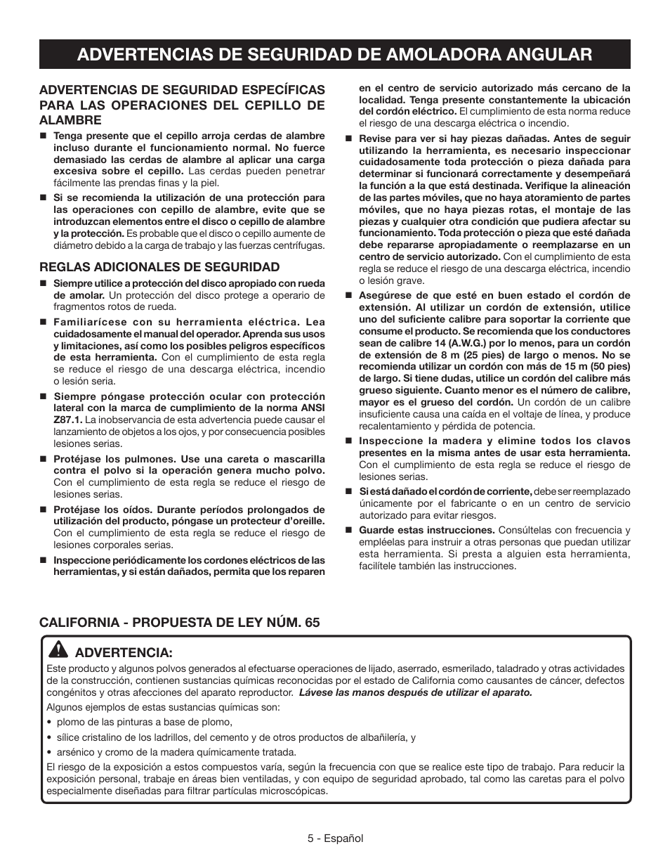 Advertencias de seguridad de amoladora angular, California - propuesta de ley núm. 65 advertencia | Ryobi AG4531G User Manual | Page 25 / 36
