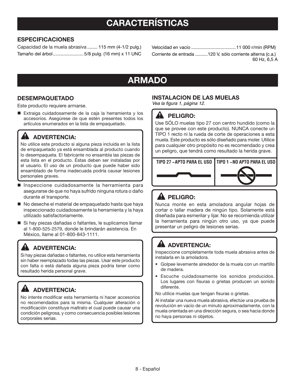 Características, Armado | Ryobi AG4531G User Manual | Page 28 / 36