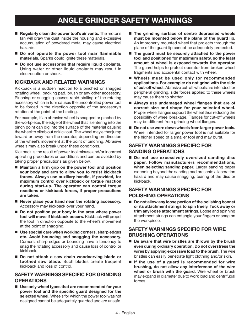 Angle grinder safety warnings | Ryobi AG4531G User Manual | Page 4 / 36