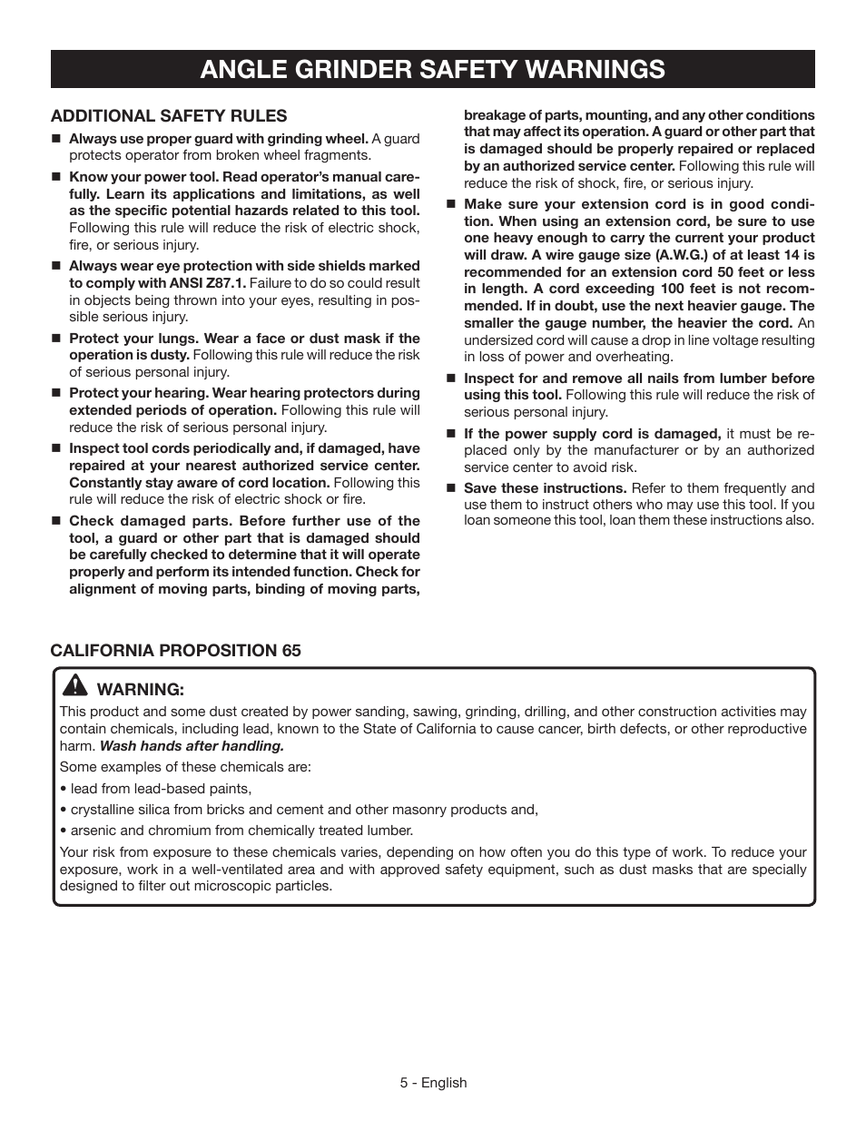 Angle grinder safety warnings | Ryobi AG4531G User Manual | Page 5 / 36