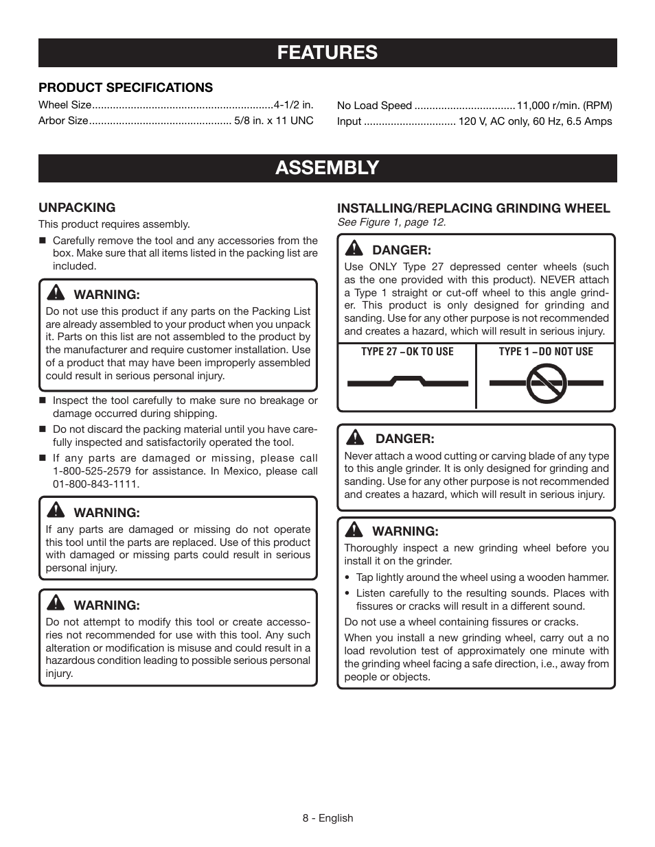 Features, Assembly | Ryobi AG4531G User Manual | Page 8 / 36